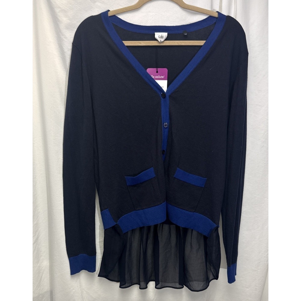 NWT CAbi Cardigan Womens Large Black Blue Chiffon Ruffle Lightweight Summer